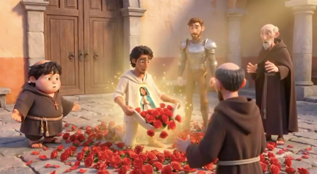 Escena animada de la película con rosas